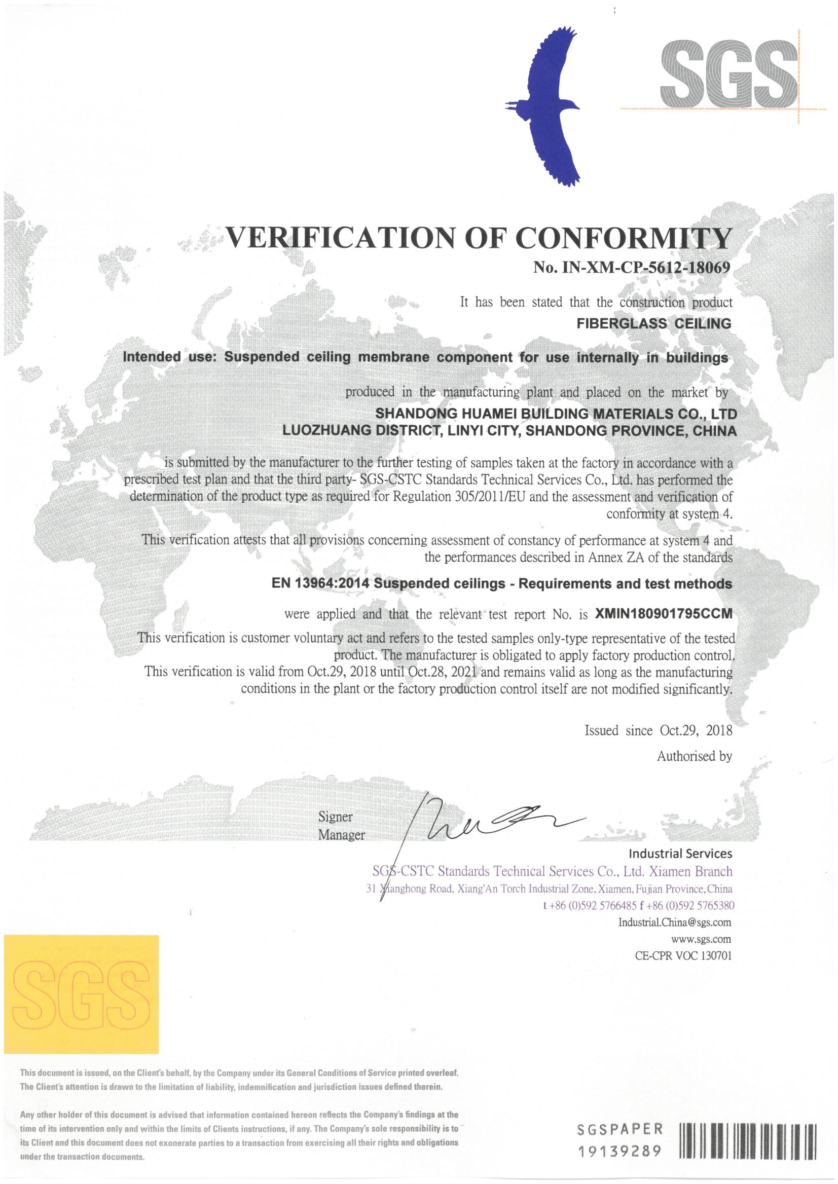 certificat ce du plafond acoustique en fibre de verre_00